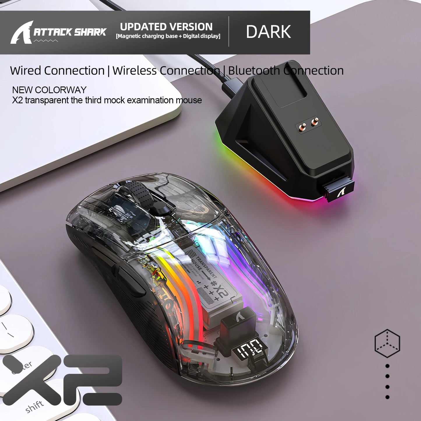 X2 Pro Wireless Gaming Mouse RGB, Tri-Mode Bluetooth, Silent Click, Battery Display, Magnetic Charging Dock