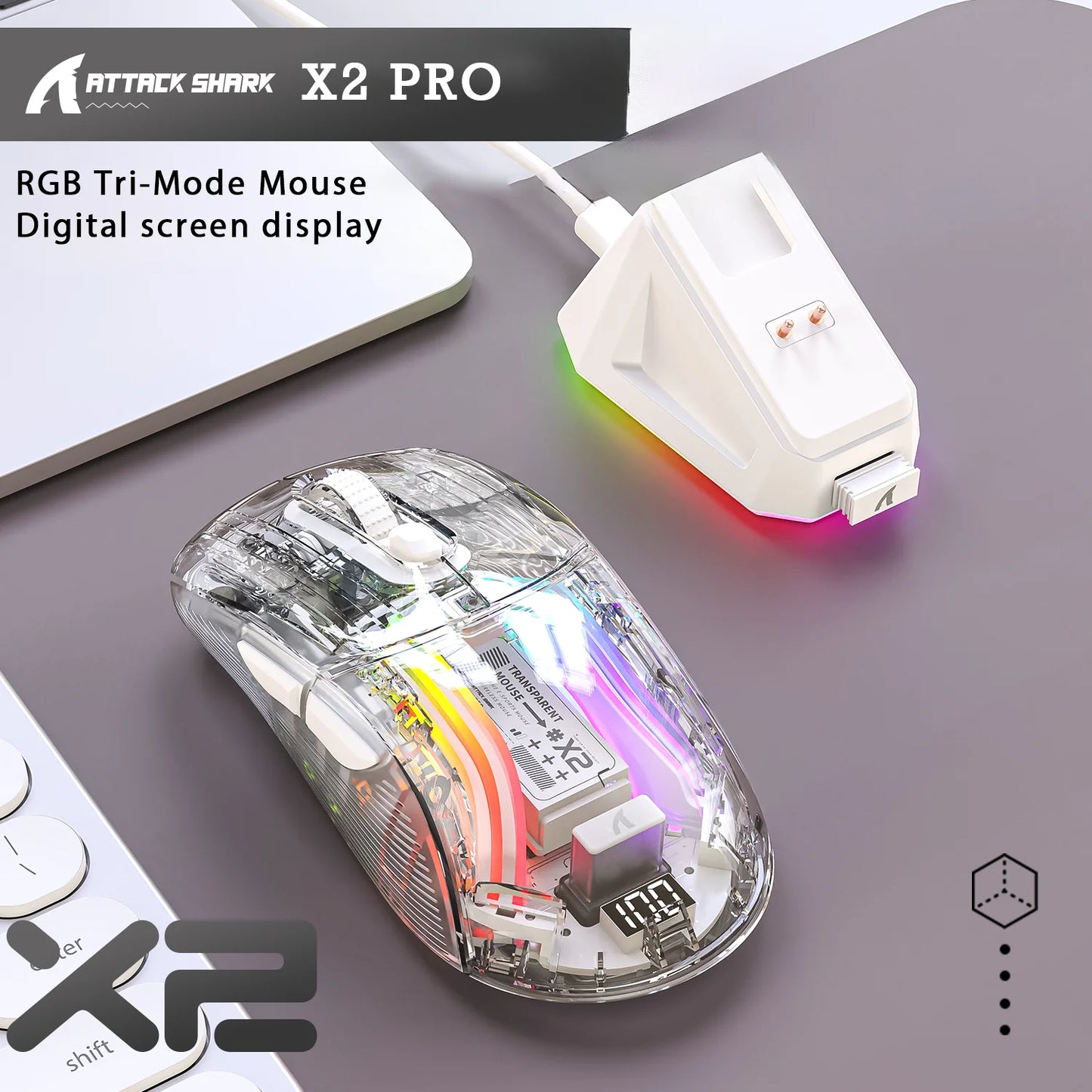 X2 Pro Wireless Gaming Mouse RGB, Tri-Mode Bluetooth, Silent Click, Battery Display, Magnetic Charging Dock