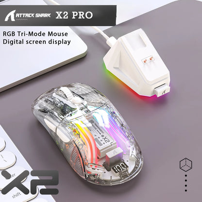 X2 Pro Wireless Gaming Mouse RGB, Tri-Mode Bluetooth, Silent Click, Battery Display, Magnetic Charging Dock