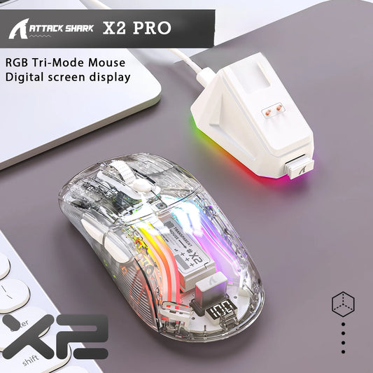 X2 Pro Wireless Gaming Mouse RGB, Tri-Mode Bluetooth, Silent Click, Battery Display, Magnetic Charging Dock