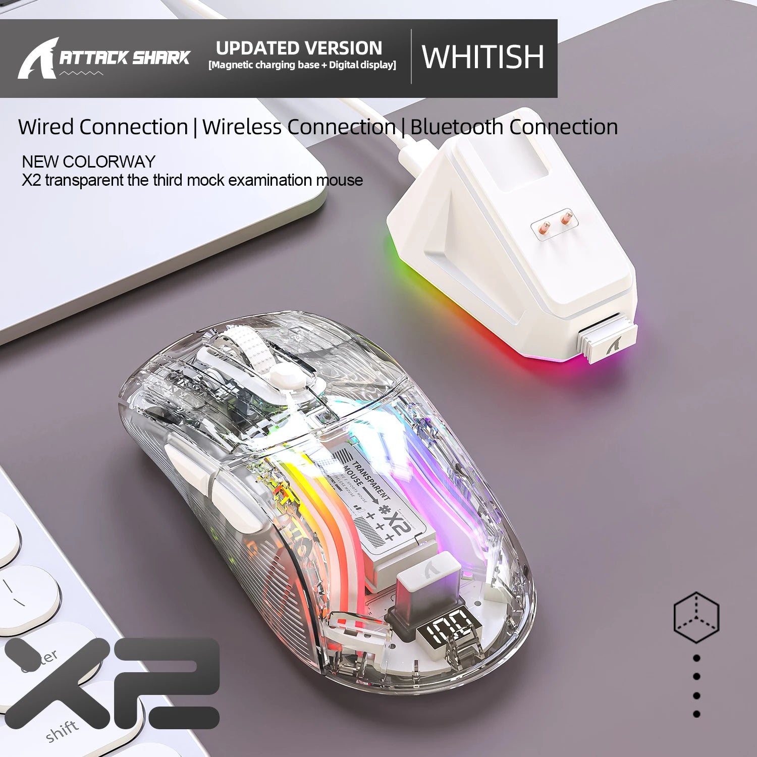 X2 Pro Wireless Gaming Mouse RGB, Tri-Mode Bluetooth, Silent Click, Battery Display, Magnetic Charging Dock