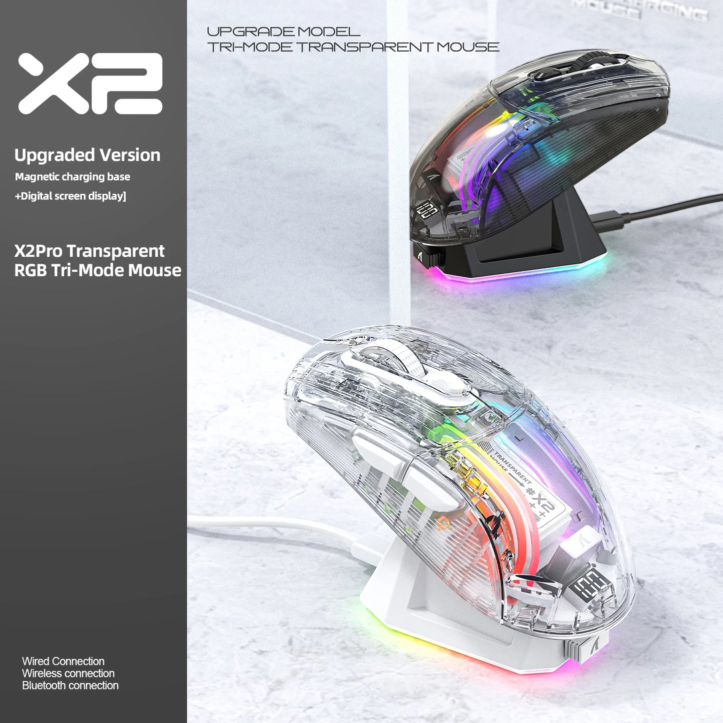 X2 Pro Wireless Gaming Mouse RGB, Tri-Mode Bluetooth, Silent Click, Battery Display, Magnetic Charging Dock